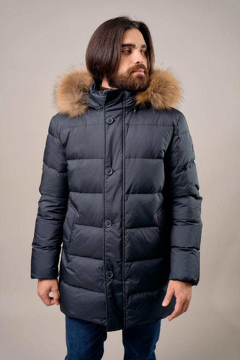 Куртка мужская на натуральном пуху с отд. из меха енота и трикотажа синий MADZERINI IGO/U63-14 (сине-чёрный)