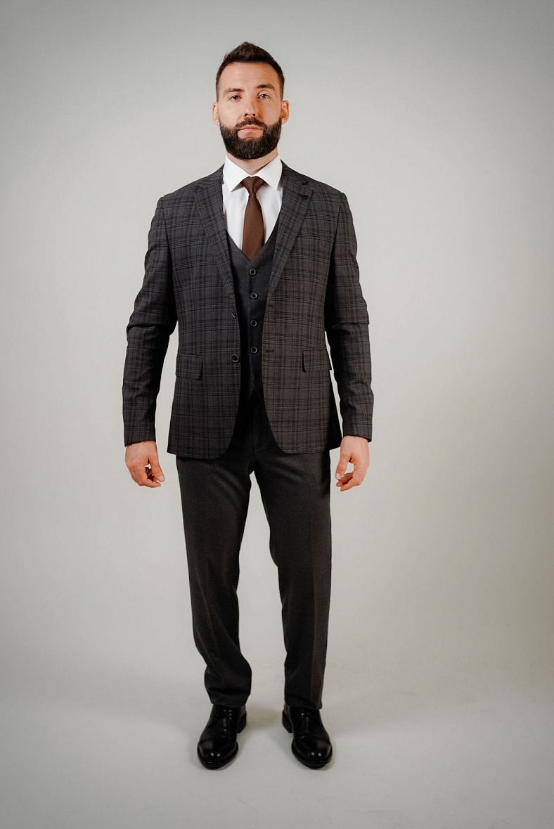 Костюм мужской   серый, черный, бежевый в клетку MCR 45276