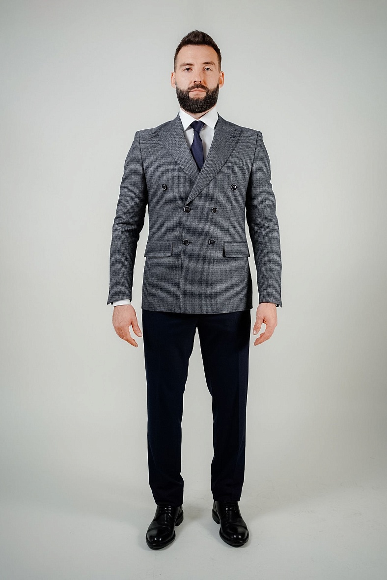 Костюм мужской   серый, синий в клетку MCR 45264 двубортный