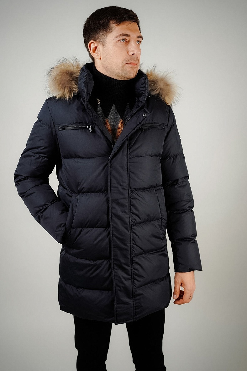 Пальто мужское на натуральном пуху с отд.из меха енота синий MADZERINI AVIO/M310-14 (сине-чёрный)