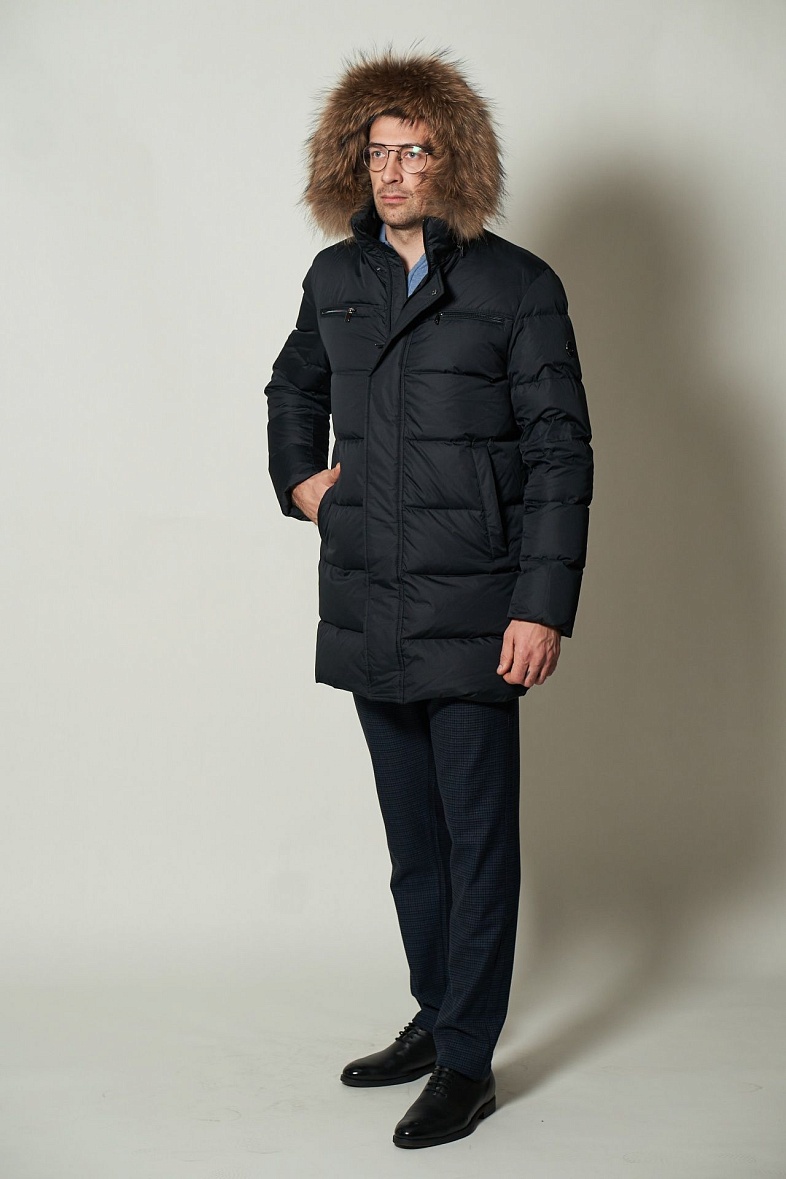 Пальто мужское на натуральном пуху с отд.из мех синий MADZERINI AVIO/M310 (сине-чёрный)